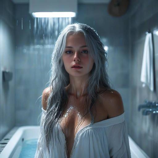 Young Woman in Wet White Tank Top in Bathroom