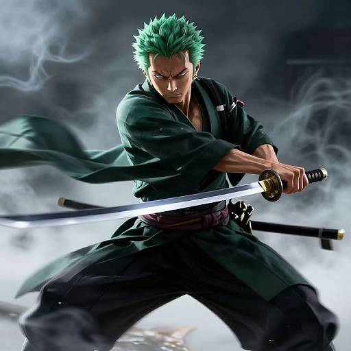 Digital anime artwork of a green-haired, muscular male samurai with intense expression, wielding a katana, standing in a dynamic, smoky pose.