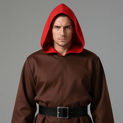 Photograph of a serious, handsome man with light skin and dark hair, wearing a red hooded, brown robe with black belt.