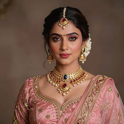 Indian Woman in Traditional Pink Saree and Gold Jewelry