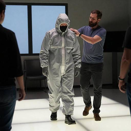 Man Adjusting Biohazard Suit in Dim Room