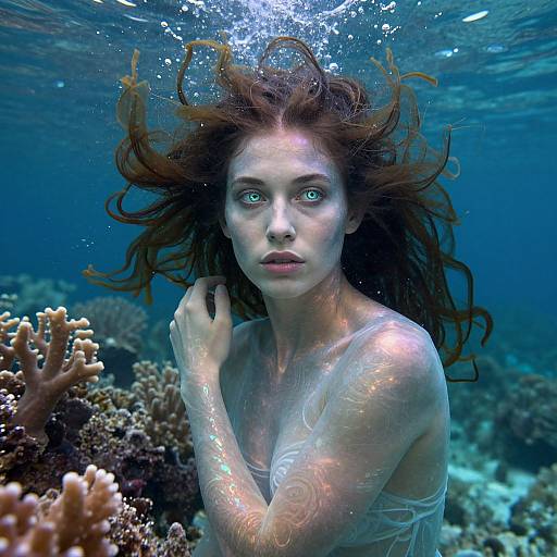 Photograph of a pale-skinned, red-haired woman with striking green eyes, underwater, surrounded by coral, with her hair flowing, and hands near