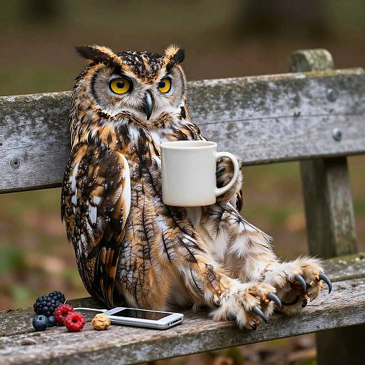 Anthropomorphic Owl Relaxing on Bench with Mug