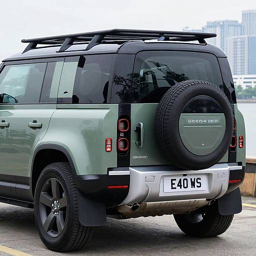 Photograph of a green Land Rover Discovery Sport with a spare tire, roof rack, black wheels, and license plate 