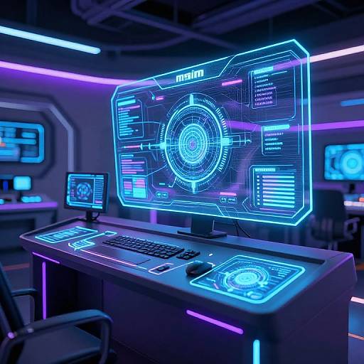 Neon-lit sci-fi control room with glowing blue holographic screens, futuristic keyboard, and monitor displaying intricate circular patterns and data.