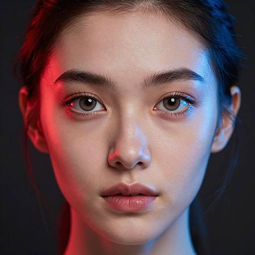 Close-up photograph of a young woman with fair skin, brown eyes, and dark hair, illuminated by red and blue lights against a black background. Her