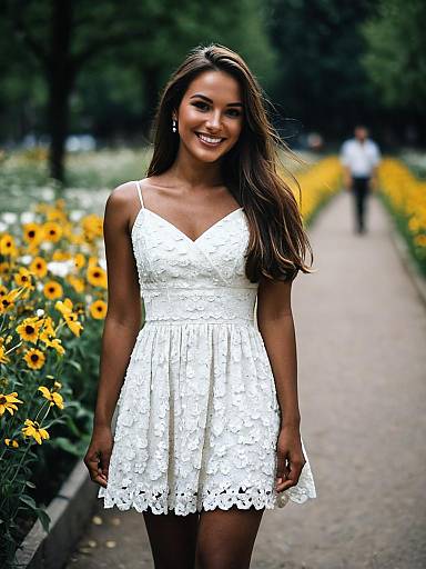 Smiling Woman in White Floral Mini Dress