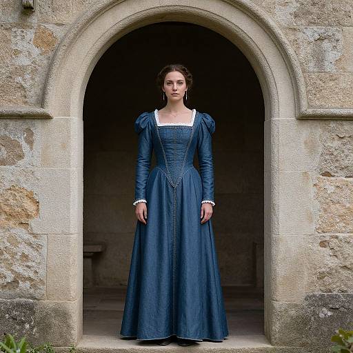 Photograph of a pale-skinned woman in a blue, long-sleeved, Victorian-style dress standing in an arched stone doorway. Her dark