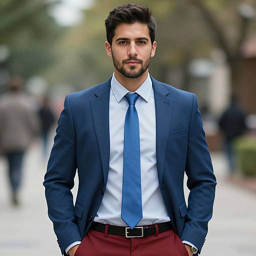 Photograph of a handsome, bearded man with dark hair, wearing a navy suit, white shirt, blue tie, and red pants, standing confidently