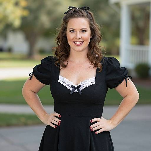 Photograph of a smiling woman with wavy brown hair, wearing a black vintage dress with white lace trim and a black bow, standing outdoors on a