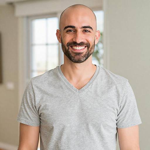 Smiling Bald Man in Gray T-Shirt