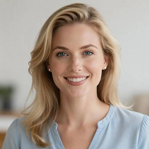 Smiling Woman in Light Blue Top