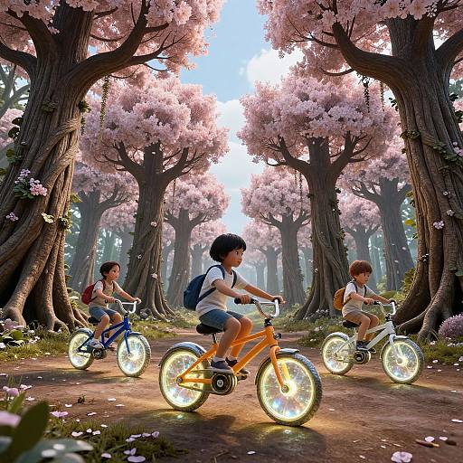 Three children riding glowing bicycles through a magical forest with pink cherry blossoms, sunlight filtering through, and vibrant spring foliage.