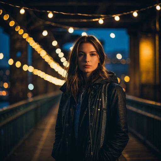 Young Woman on Illuminated Bridge at Night