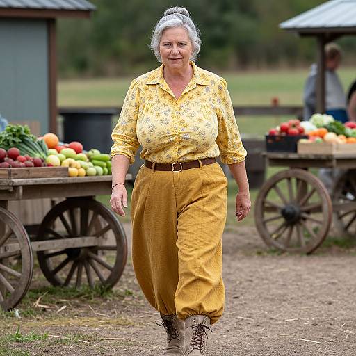 Photograph of an elderly woman with white hair, wearing a yellow floral blouse and yellow bell-bottom pants, walking past wooden market carts with fresh vegetables in