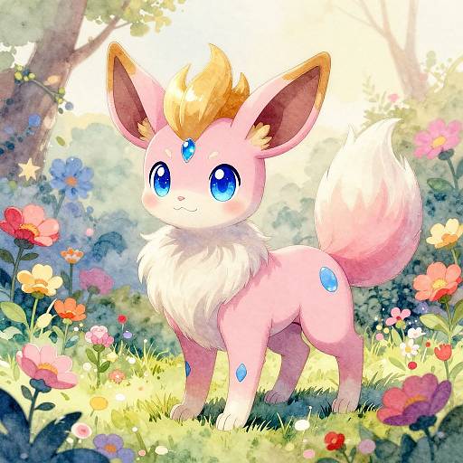 Digital illustration of a cute, pink, fox-like creature with blue eyes, a blonde tuft, and blue diamond spots, standing in a colorful,