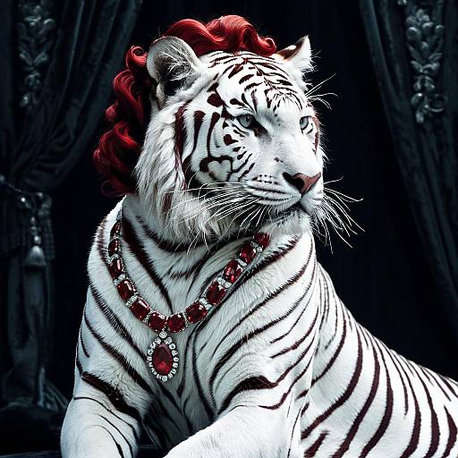 Majestic White Tiger with Ruby Jewelry and Red Curls