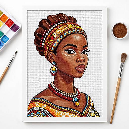 Colorful digital illustration of a dark-skinned African woman with intricate headpiece, jewelry, and vibrant dress, surrounded by art supplies.