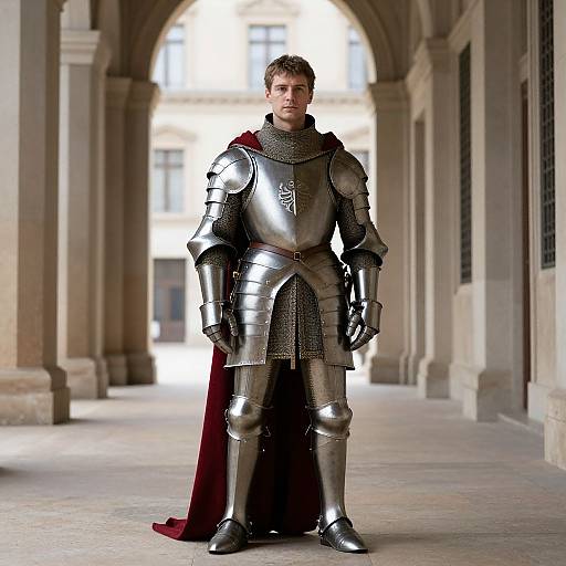 Photorealistic CGI of a young, handsome, white male knight in shiny silver armor, red cape, standing in a sunlit, stone archway
