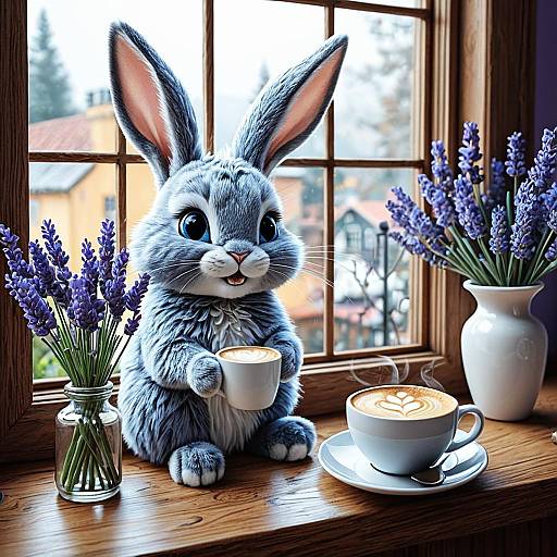 Fluffy Blue Cartoon Rabbit with Cappuccino