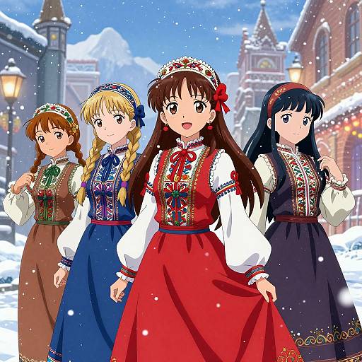 Anime-style digital artwork of four girls in traditional European winter dresses with intricate embroidery, standing in a snowy town. Blue sky and snow-covered buildings in the