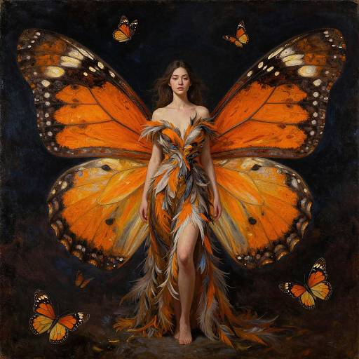 Photorealistic digital art of a woman with large orange butterfly wings, feathered orange and black dress, surrounded by six orange butterflies, against a dark