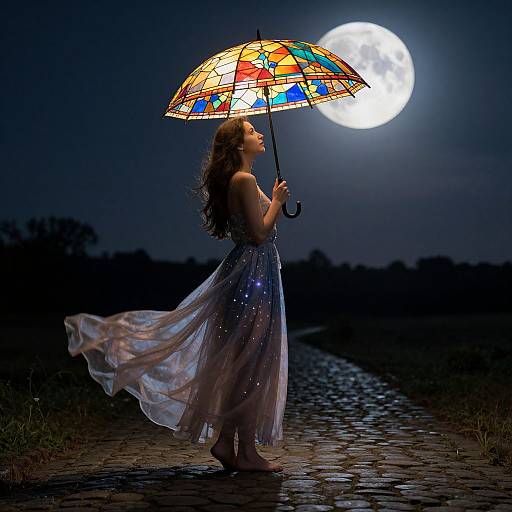 Photograph of a woman in a flowing, sparkly dress holding a stained-glass umbrella, standing under a full moon on a cobblestone path