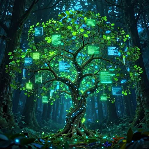 Digital art of a glowing, bioluminescent tree in a dark forest, with green and blue neon leaves and lights.