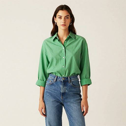 Woman in Green Shirt and Jeans