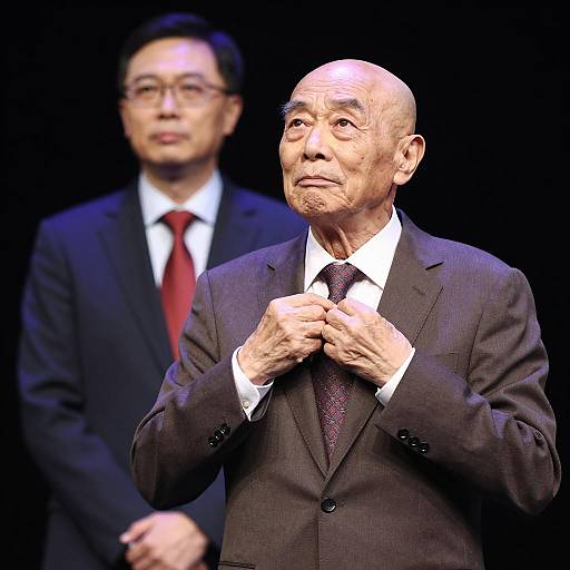Older Man Adjusting Tie on Stage