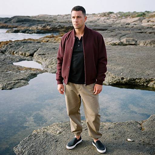 Photograph of a young man with short dark hair, wearing a maroon jacket, black shirt, beige pants, and black sneakers, standing on rocky