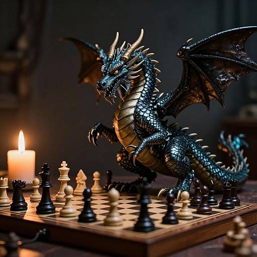 Photograph of a black-scaled dragon figurine with wings, poised over a chessboard with lit candle, black and white chess pieces, in a