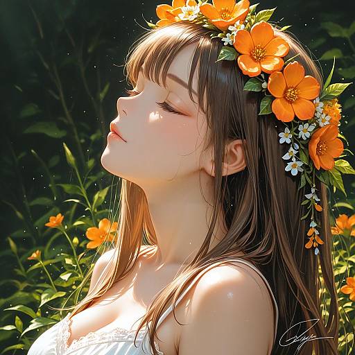 Young Woman with Orange Flower Crown in Sunlight