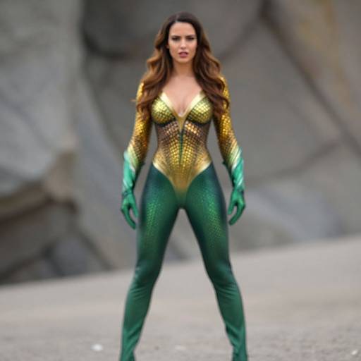Photograph of a woman with long brown hair in a gold and green mermaid-style superhero costume, standing confidently against a blurred rocky background.