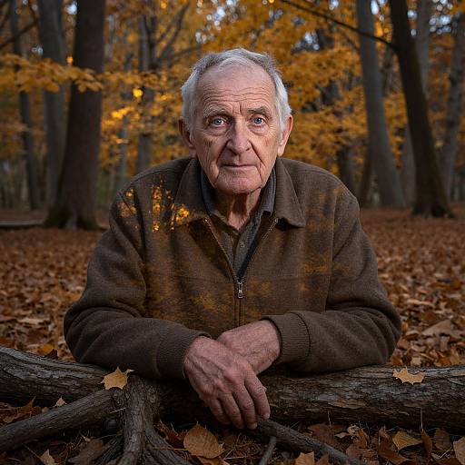 Photograph of an elderly white man with white hair, wearing a brown zip-up jacket, leaning on a fallen log in an autumn forest with yellow leaves