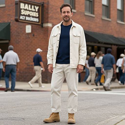 Photograph of a bearded man in a white jacket, navy shirt, white pants, and tan boots, standing on a street in front of a