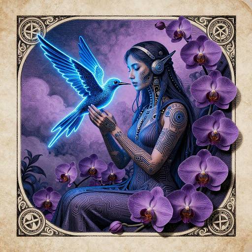 Cybernetic Priestess with Neon Hummingbird