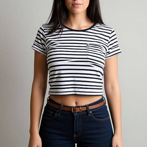Photograph of a young woman with long black hair, wearing a white and black striped crop top, and dark blue jeans with a brown belt, standing