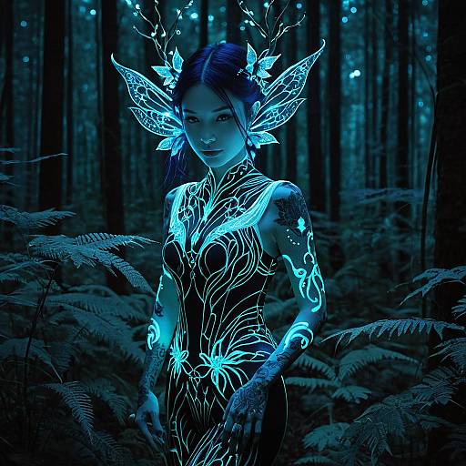 Glowing Forest Sprite with Bioluminescent Tattoos