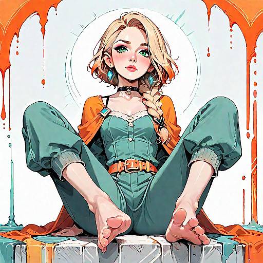 Digital anime-style drawing of a blonde woman with green eyes, wearing teal pants and an orange jacket, sitting with legs spread, barefoot, against a