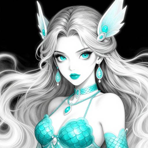 Digital art of a white-haired, blue-eyed, ethereal woman with glowing turquoise accessories, wearing a scale-patterned top, against a black background.