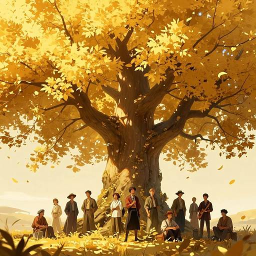 Digital illustration of a group of people standing and sitting under a massive, golden-leaved tree in autumn sunlight. Warm, vibrant colors and soft shadows create