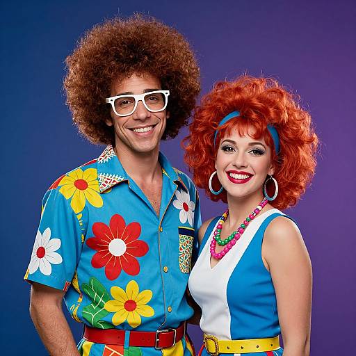 Photograph of a smiling couple with large afros, white glasses, colorful floral shirts, and blue-white sleeveless tops against a purple background. Retro