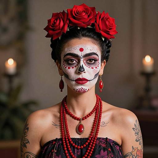Photograph of a woman with dark hair, red roses in her hair, white face paint, red jewelry, and tattoos, in a dimly lit
