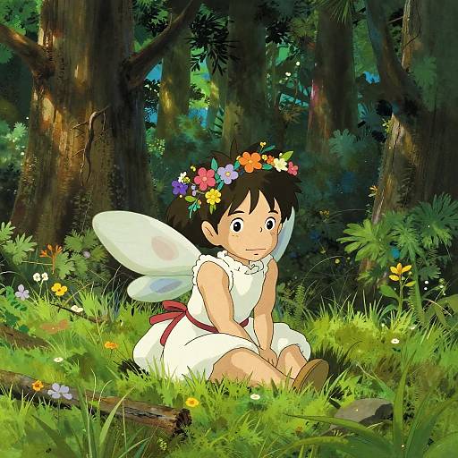 Digital anime-style drawing of a young fairy girl with black hair, flower crown, white dress, and translucent wings, sitting in a lush forest meadow