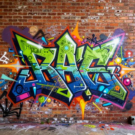 Vibrant graffiti on a red brick wall featuring bold, colorful letters in neon green, blue, and black with bright orange, pink, and purple