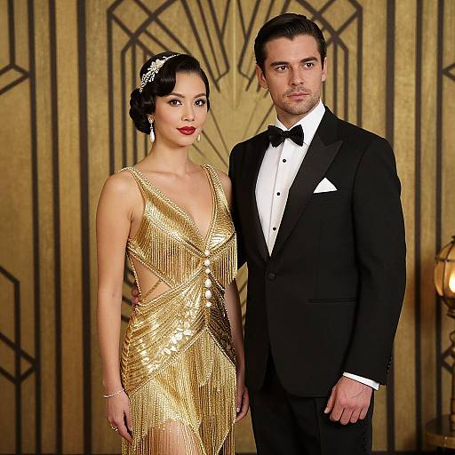 Photograph of a couple in 1920s-style attire: woman in gold, beaded, sleeveless dress, red lipstick; man in black