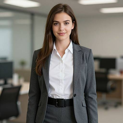 Photograph of a young woman with long brown hair, wearing a gray blazer and white shirt, standing in a modern office with blurred background. She