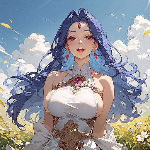 Sunlit Blue-Haired Girl in White Dress