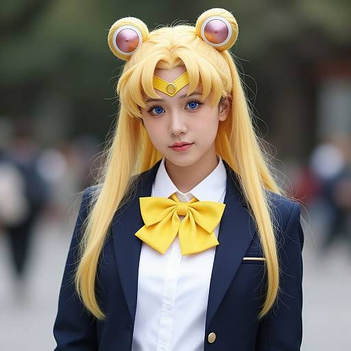 Photograph of an Asian girl in detailed anime cosplay, with long blonde hair, bear ears, blue eyes, yellow bowtie, and black blazer